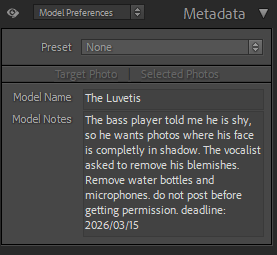 Lightroom metadata panel showing SnapSelect custom fields